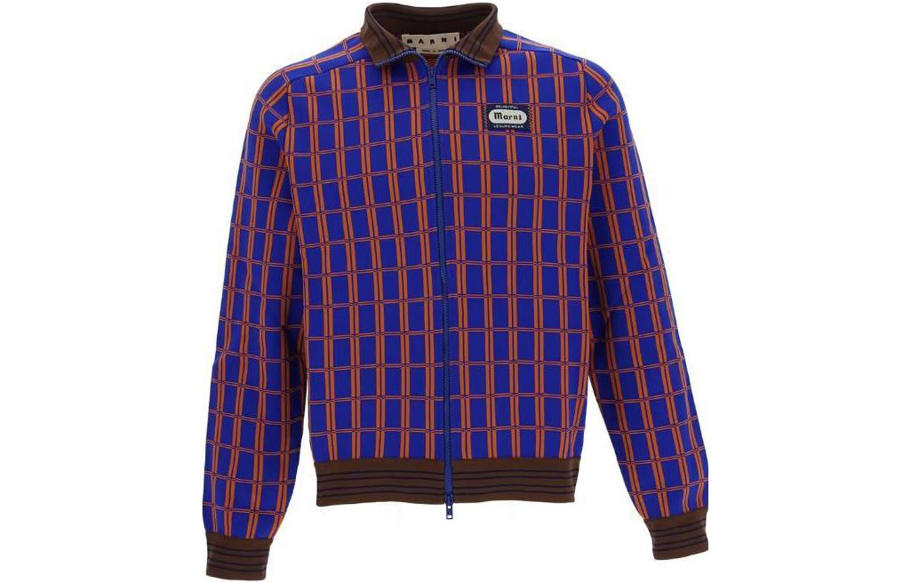 MARNI Checkered Patchwork Baseball Collar Jacket Blue Ocean JUMU0138SN-UTC317-CHB94