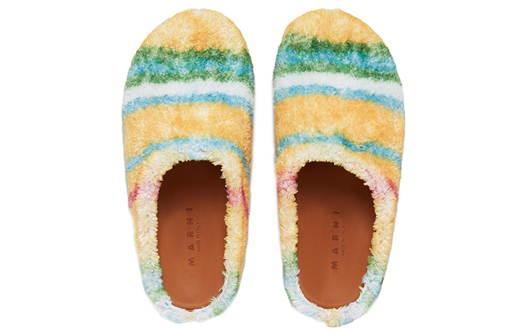 Shop MARNI 羊麂皮包頭條紋時尚涼鞋 男款 黃綠色