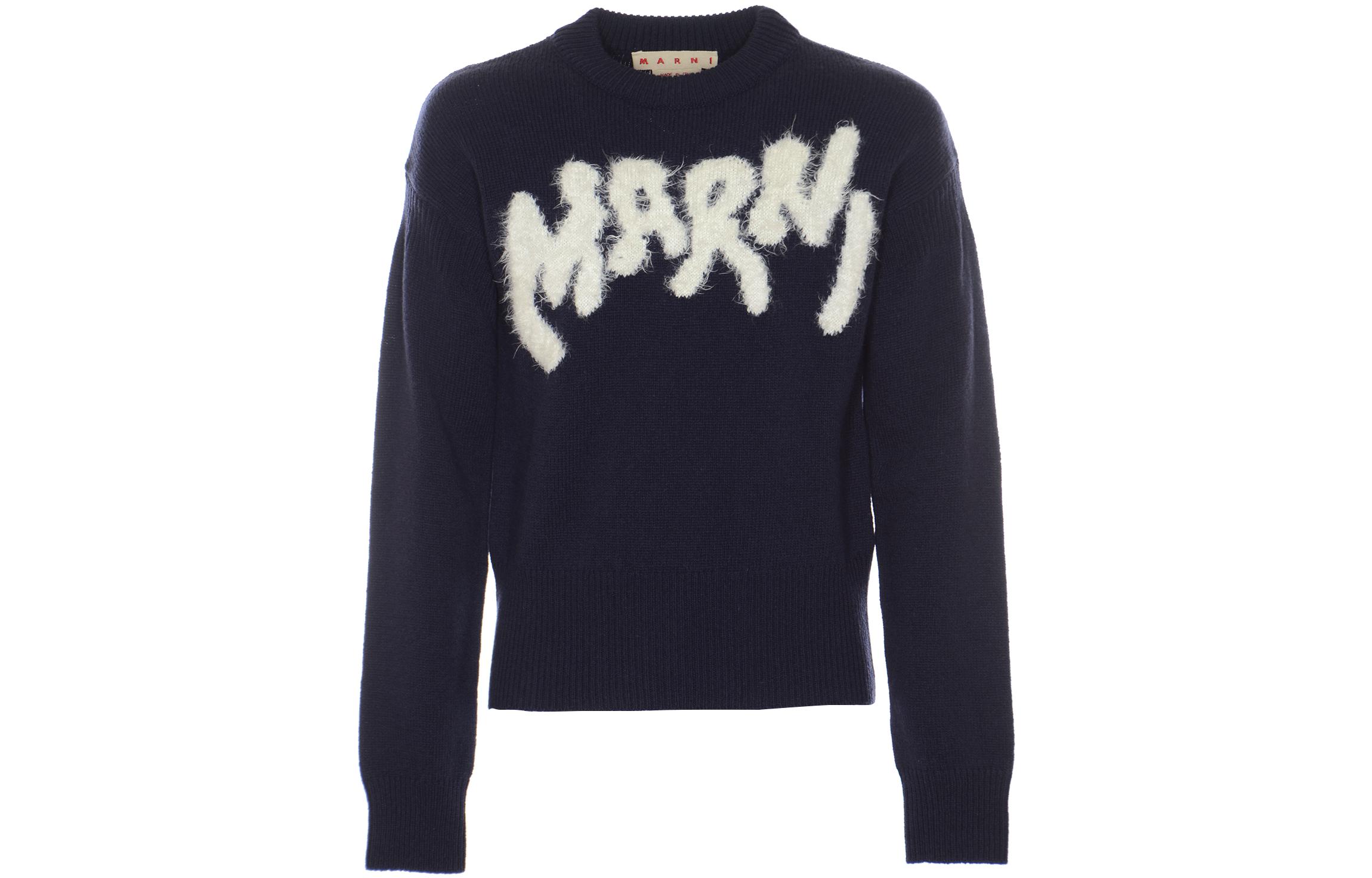 MARNI FW22  Blue Wool Sweater Large Logo Crewneck Pullover. GCMG0262Q0UFH93500B79