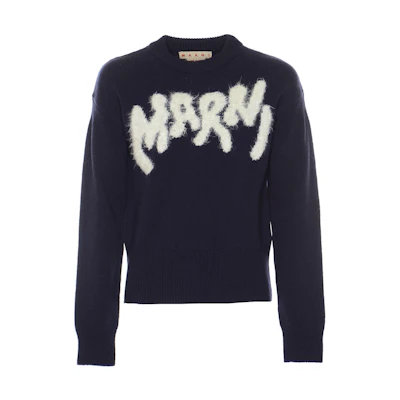 MARNI FW22 Blue Wool Sweater Large Logo Crewneck Pullover. GCMG0262Q0UFH93500B79