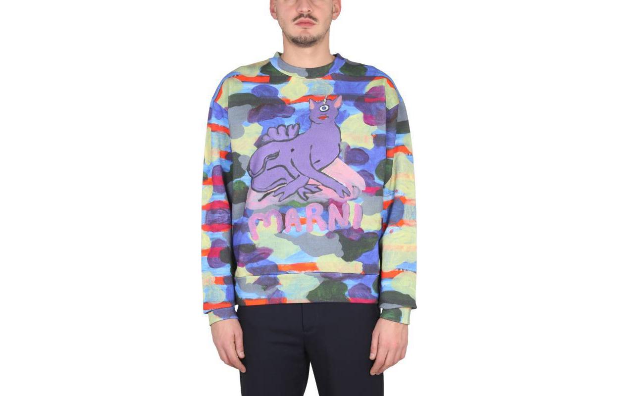 MARNI Graffiti Print Oversized Crewneck Cotton Sweatshirt Green FUMU007-4PEUSC-W17