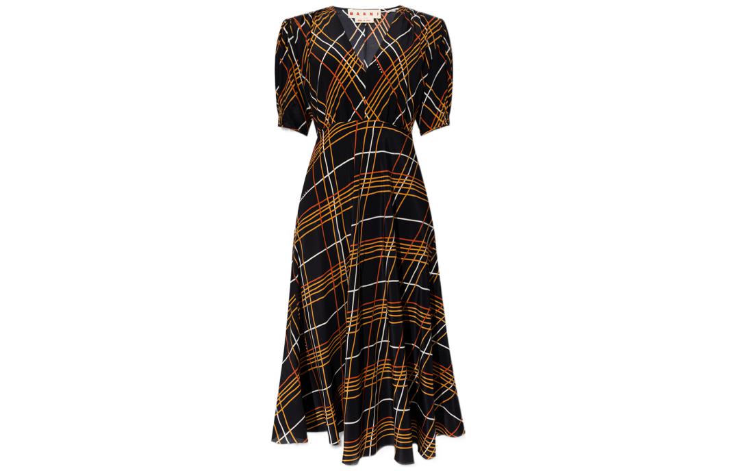 MARNI Minimalist Plaid V-Neck Short Sleeve Long Dress Floral Pattern ABMA0921A0-UTSF88-WRN99