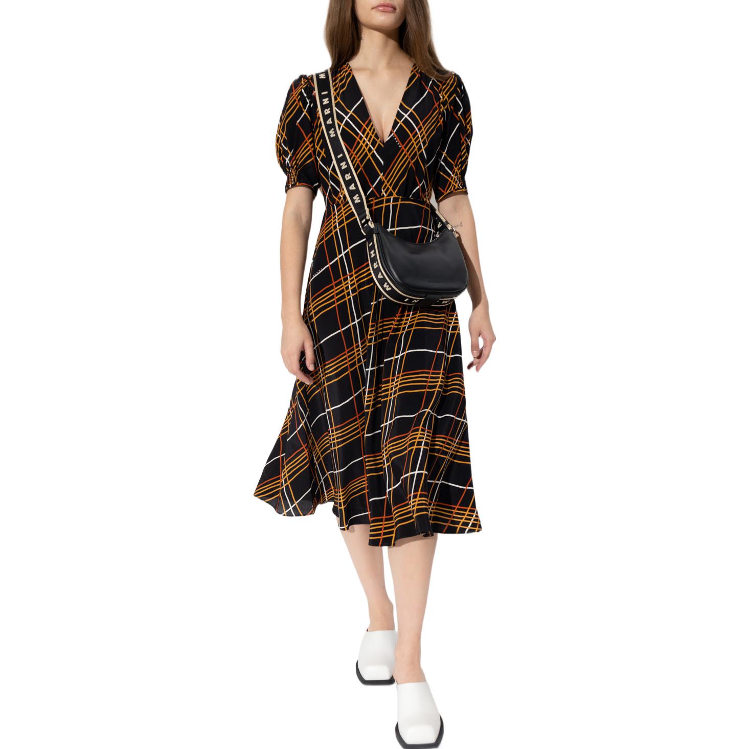 Lookbook MARNI 極簡格紋V領短袖連身洋裝 花卉圖案 ABMA0921A0-UTSF88-WRN99