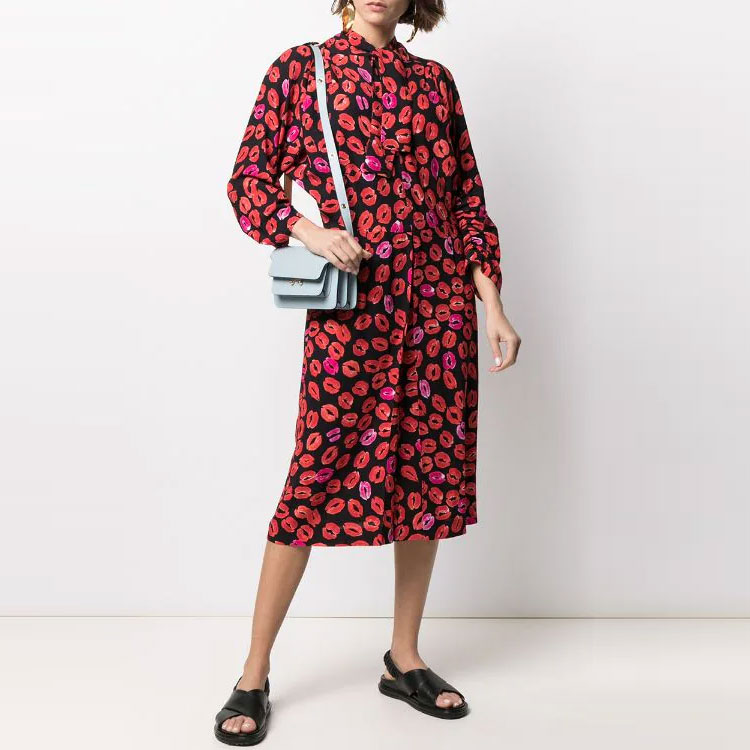 Lookbook マルニ レッド リッププリント タイネック 長袖ドレス レッド ABMA0670A0-UTV822-KTN99