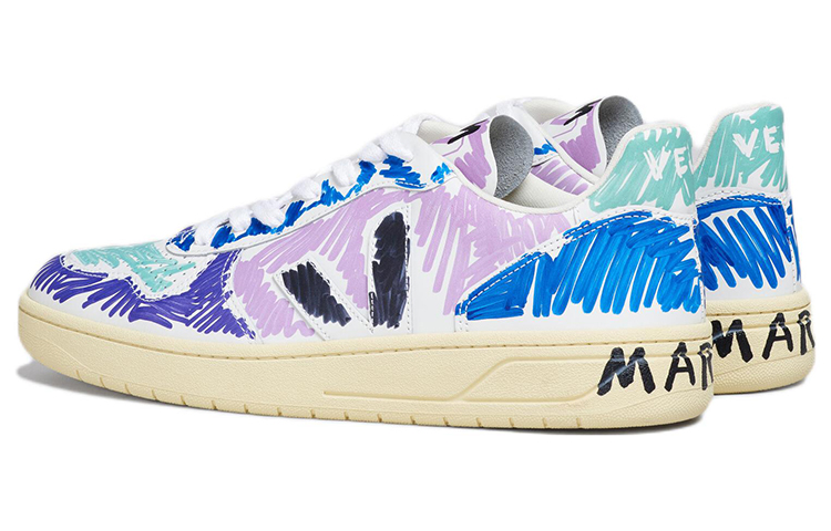 Lookbook VEJA x MARNI V-10 皮革 塗鴉印花低筒 時尚板鞋 白紫色