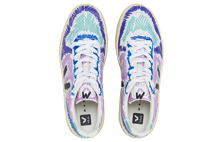 Shop VEJA x MARNI V-10 皮革 塗鴉印花低筒 時尚板鞋 白紫色