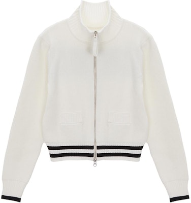 MATIN KIM Jaket Knit Zip-Up Logo Huruf Gading Unisex Gaya Vintage. MK2400CD016MIV Order MATIN KIM Jaket Knit Zip-Up Logo Huruf Gading Unisex Gaya Vintage. MK2400CD016MIV