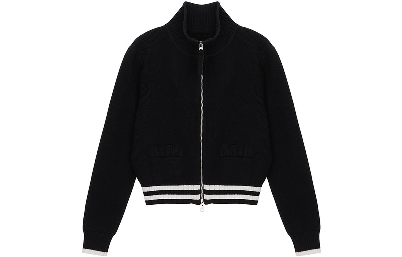 Lookbook 마틴킴 남녀공용 블랙 레터링 지퍼 디테일 빈티지 니트 가디건. MK2378CD016MBB