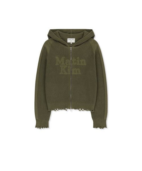Matin Kim Waffle Texture Knit Zip-Up Hoodie in Khaki MK2677CD320UKH