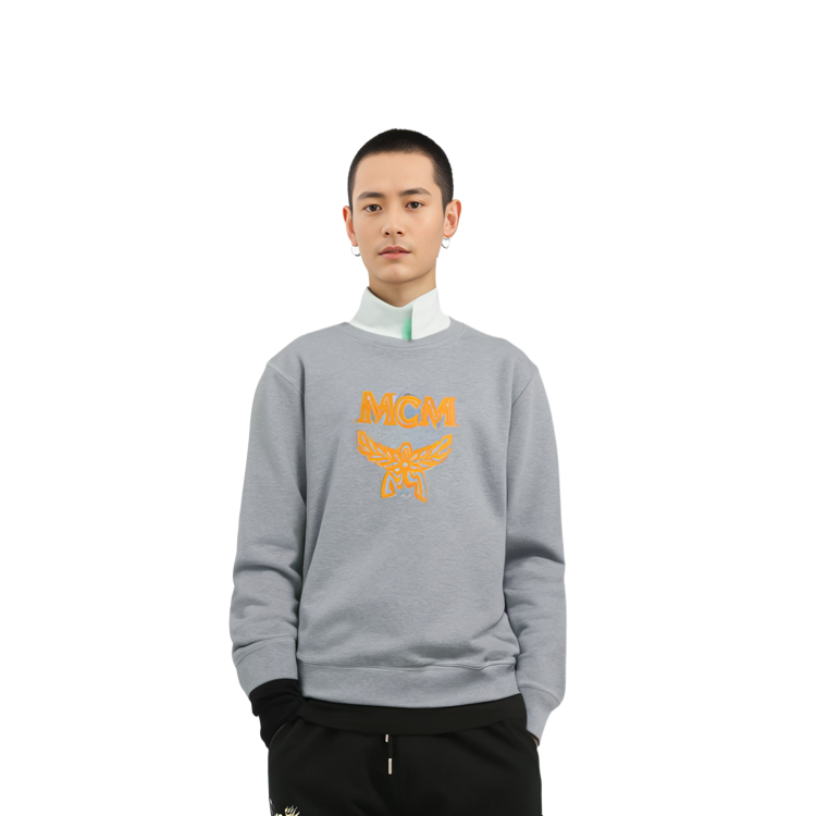 Shop MCM 1976 Logo Embroidered Crewneck Long Sleeve Sweatshirt Grey - . MHAASMM01FM001