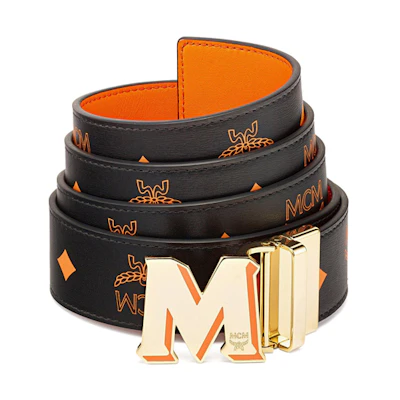 MCM Claus Epoxy M Logo Embossed Leather Reversible Belt Orange Unisex 3.8cm. MXBBAVI08O9001