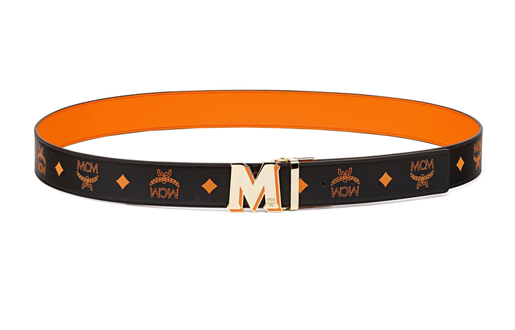 Shop MCM Claus Epoxy M Logo Embossed Leather Reversible Belt Orange Unisex 3.8cm. MXBBAVI08O9001