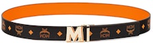Shop MCM Claus Epoxy M Logo Embossed Leather Reversible Belt Orange Unisex 3.8cm. MXBBAVI08O9001