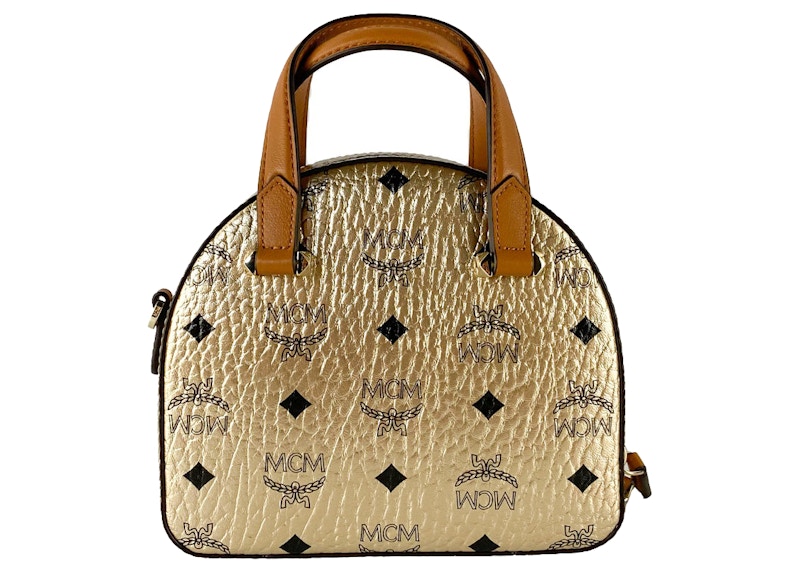MCM Diamond Logo Visetos Mini Round Top Tote Bag Berlin Gold 圖 2