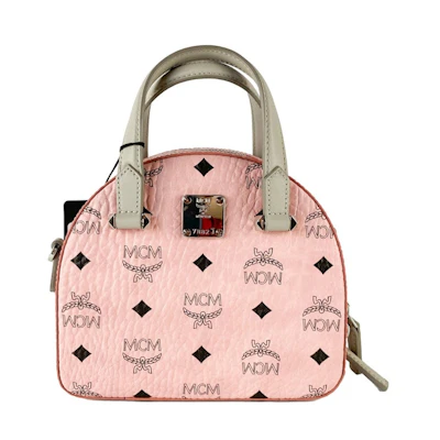 MCM Diamond Logo Visetos Mini Round Top Tote Bag Soft Pink