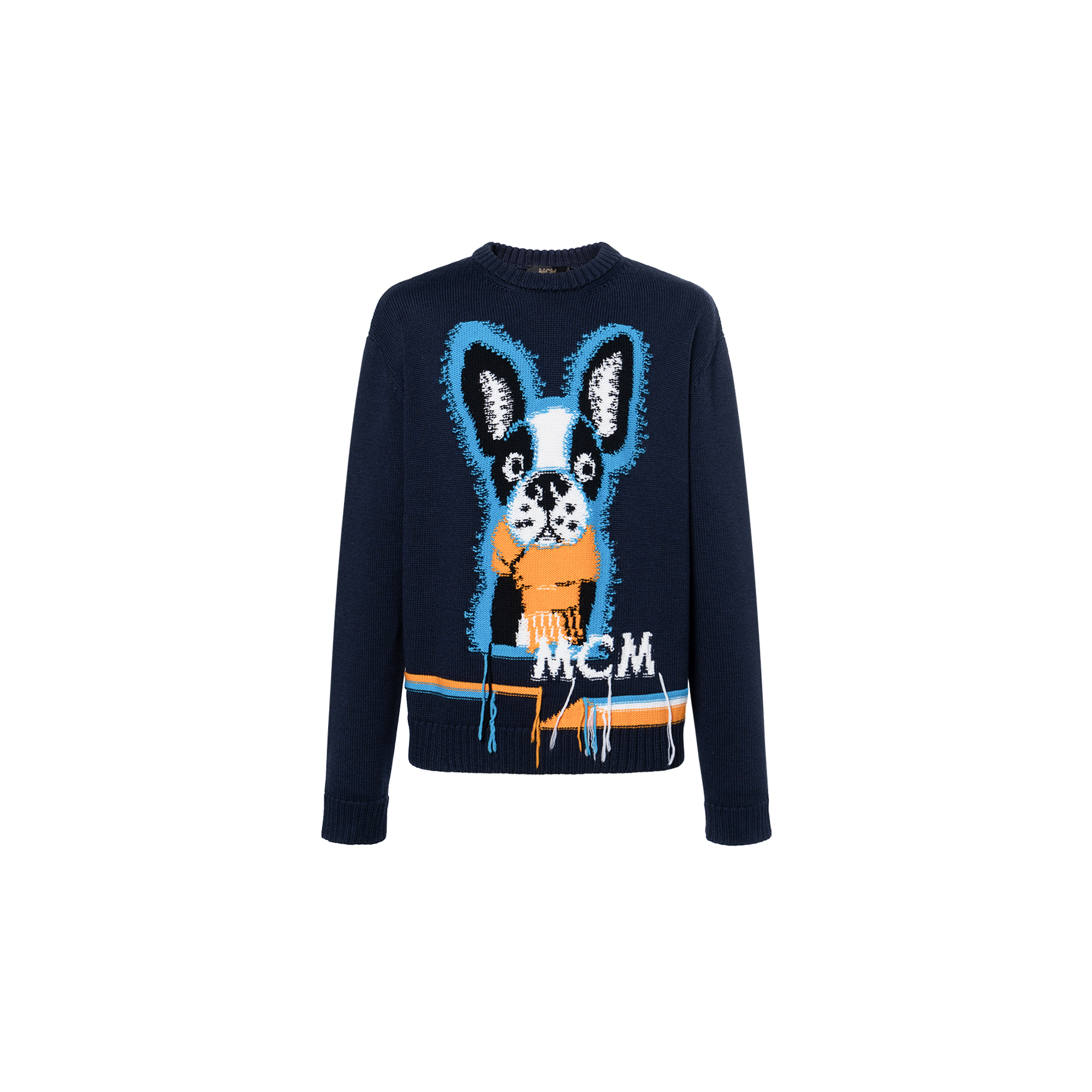 MCM FW22  Dark Blue Cartoon Jacquard Knit Pullover Sweater. MHECAMM02L3