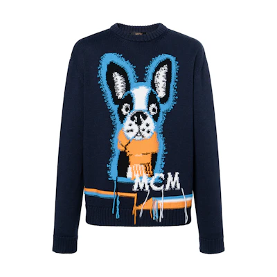 MCM FW22 Dark Blue Cartoon Jacquard Knit Pullover Sweater. MHECAMM02L3