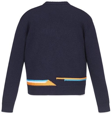 MCM FW22 Dark Blue Cartoon Jacquard Knit Pullover Sweater. MHECAMM02L3 Lookbook MCM FW22 Dark Blue Cartoon Jacquard Knit Pullover Sweater. MHECAMM02L3
