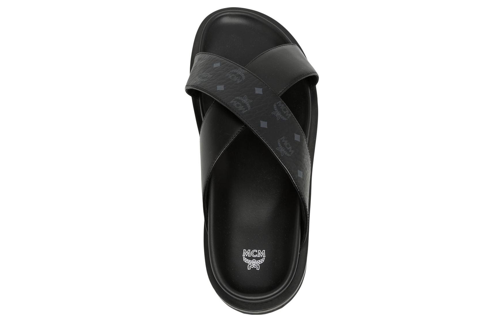 Shop MCM 皮革拖鞋 '黑色舒适人字拖' MEXDSMM08