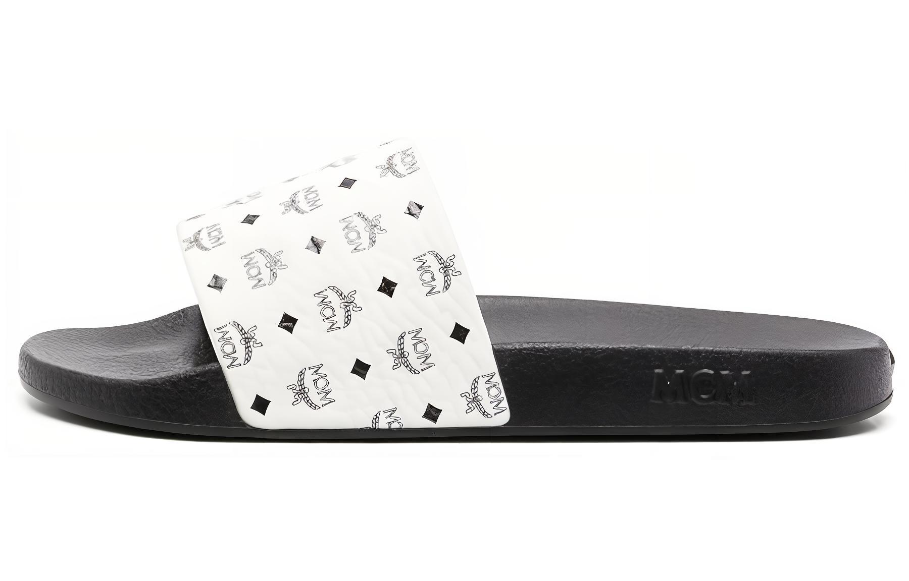 MCM Logo Print Flat Black White 'Fashion Slide' MEXDSMM05BK