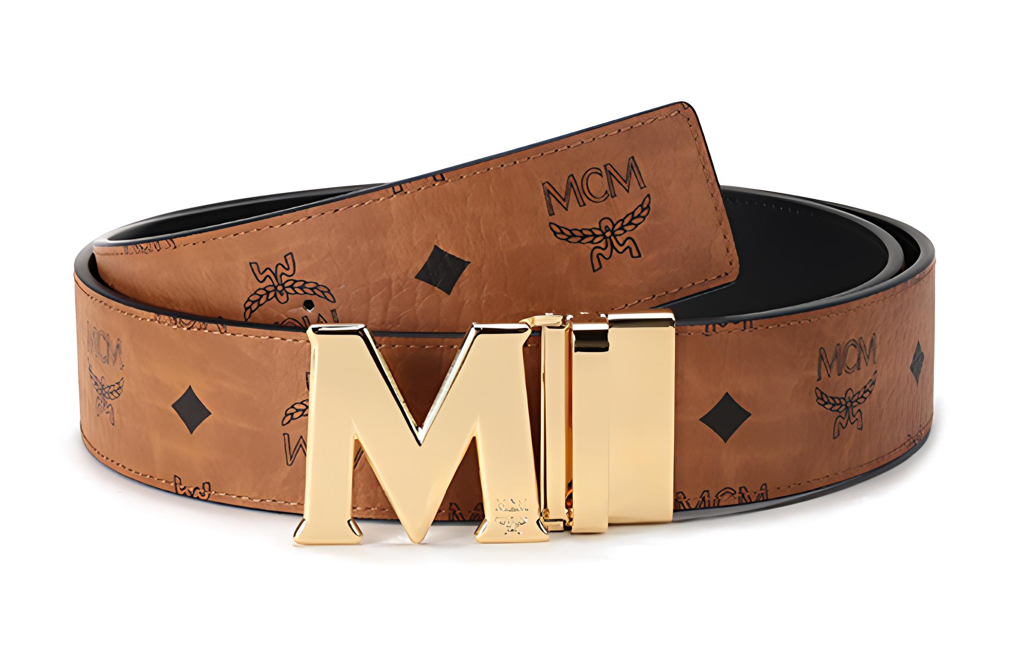 MCM Reversible Printed Buckle Leather Belt Unisex Black/Cognac 4.3cm Wide. MXBAAVI03CO001