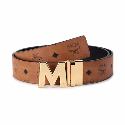 MCM Reversible Printed Buckle Leather Belt Unisex Black/Cognac 4.3cm Wide. MXBAAVI03CO001