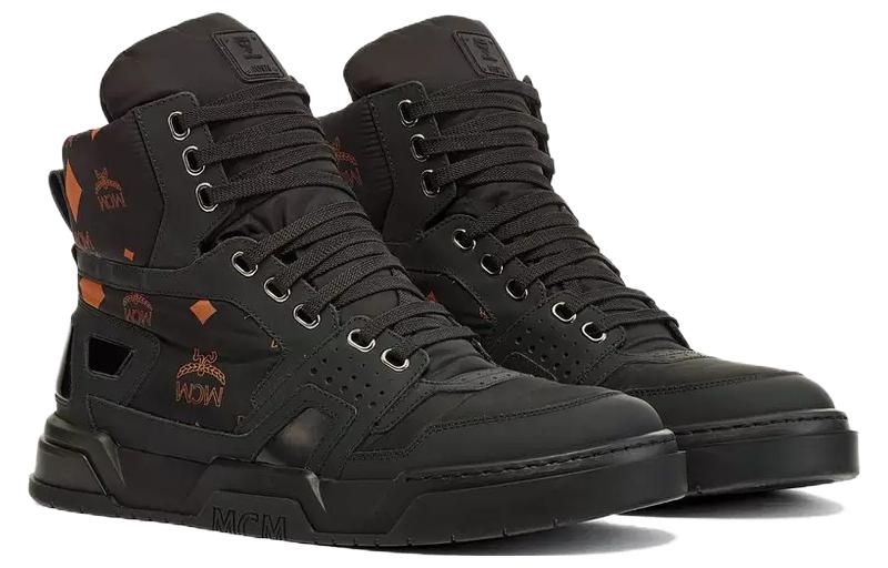 Order MCM Skyward Hi 小牛皮 圓頭平底繫帶 舒適百搭 高筒 板鞋 男款 黑色