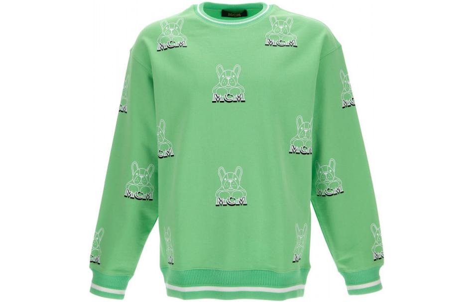 MCM SS22 Bear Print Striped Crewneck Sweatshirt Unisex Green Long Sleeve MHACSSX02-JW