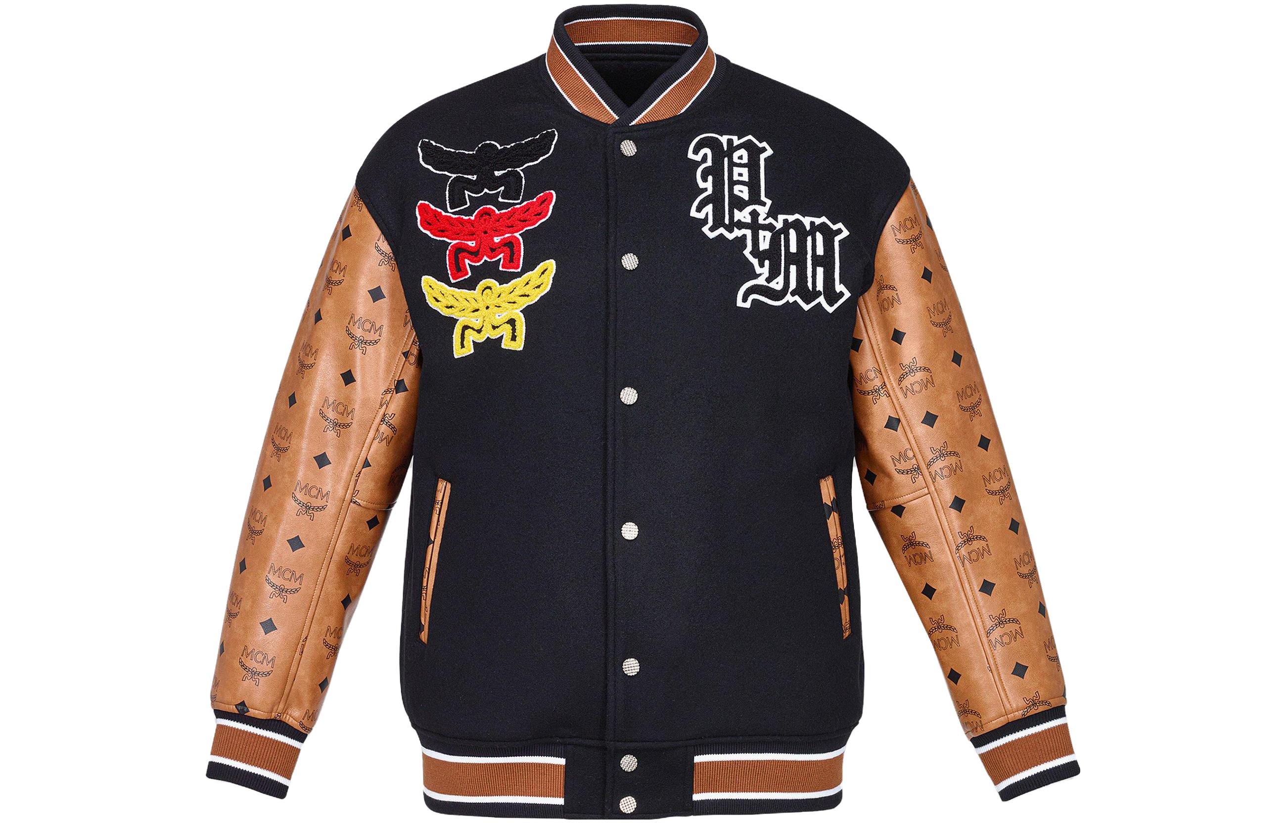 MCM SS23  Black Embroidered Patchwork Button-Up Baseball Jacket MHJDSJP01BK00M