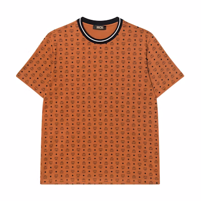 MCM SS23 All-Over Logo Crewneck T-Shirt Red Brown Tee MHTAAMM05CO