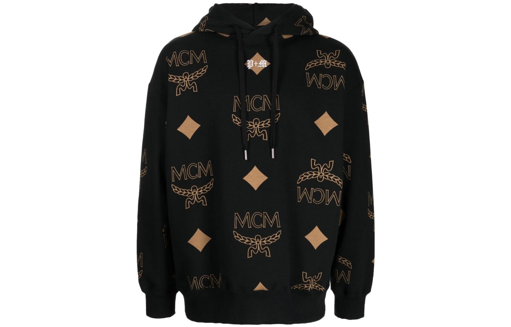 MCM SS23 Obsidian Black Logo Full-Print Cotton Hoodie MHADSJP01