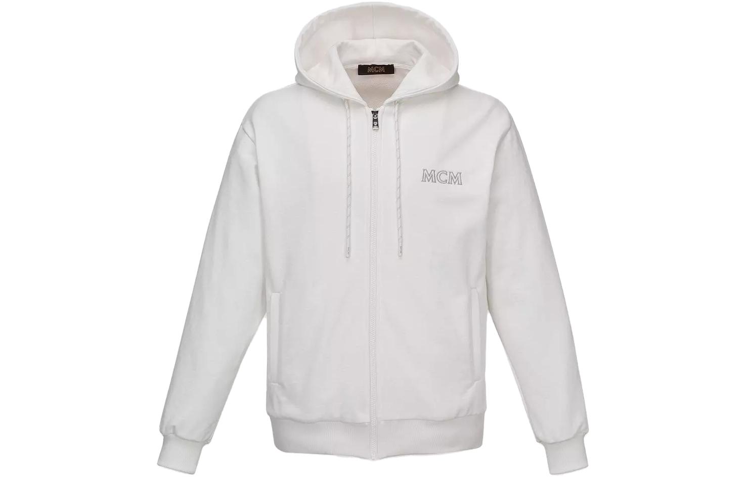 MCM SS23 White Embroidered Logo Zip-Up Hoodie Jacket MHADSBC01WG00L