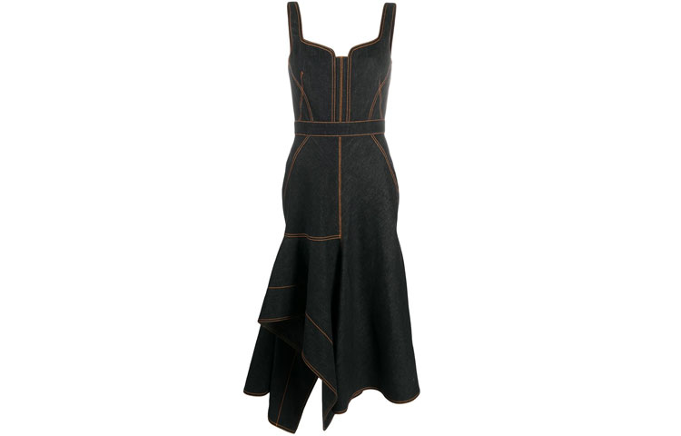 McQ Alexander McQueen SS21 Asymmetric Ruffle Hem Denim Dress Black 628018-QMAA2-1000