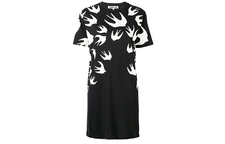 Order McQ Alexander McQueen Swallow Print Crew Neck Dress Hitam Hadiah 520 395772-RLT71-1000