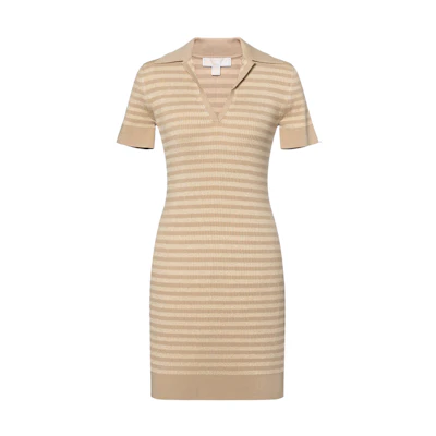 Michael Kors FW22 Striped V-Neck Slim Fit Short Sleeve Dress Khaki MU281CQ6KW213