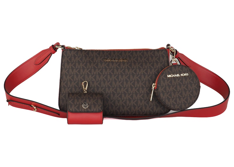 Michael Kors Jet Set Top Zip Tote Bag with Tech Set Small Brown Signature/Flame