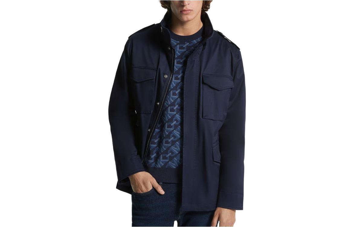 MICHAEL KORS Solid Navy Woven Golf Jacket - Zip-Up Long Sleeve Outerwear MFP29451-0410