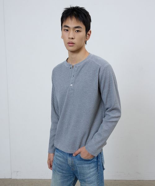 Order Michiko London Sports Waffle Henley Long Sleeve in Melange Grey MS26FT08MG