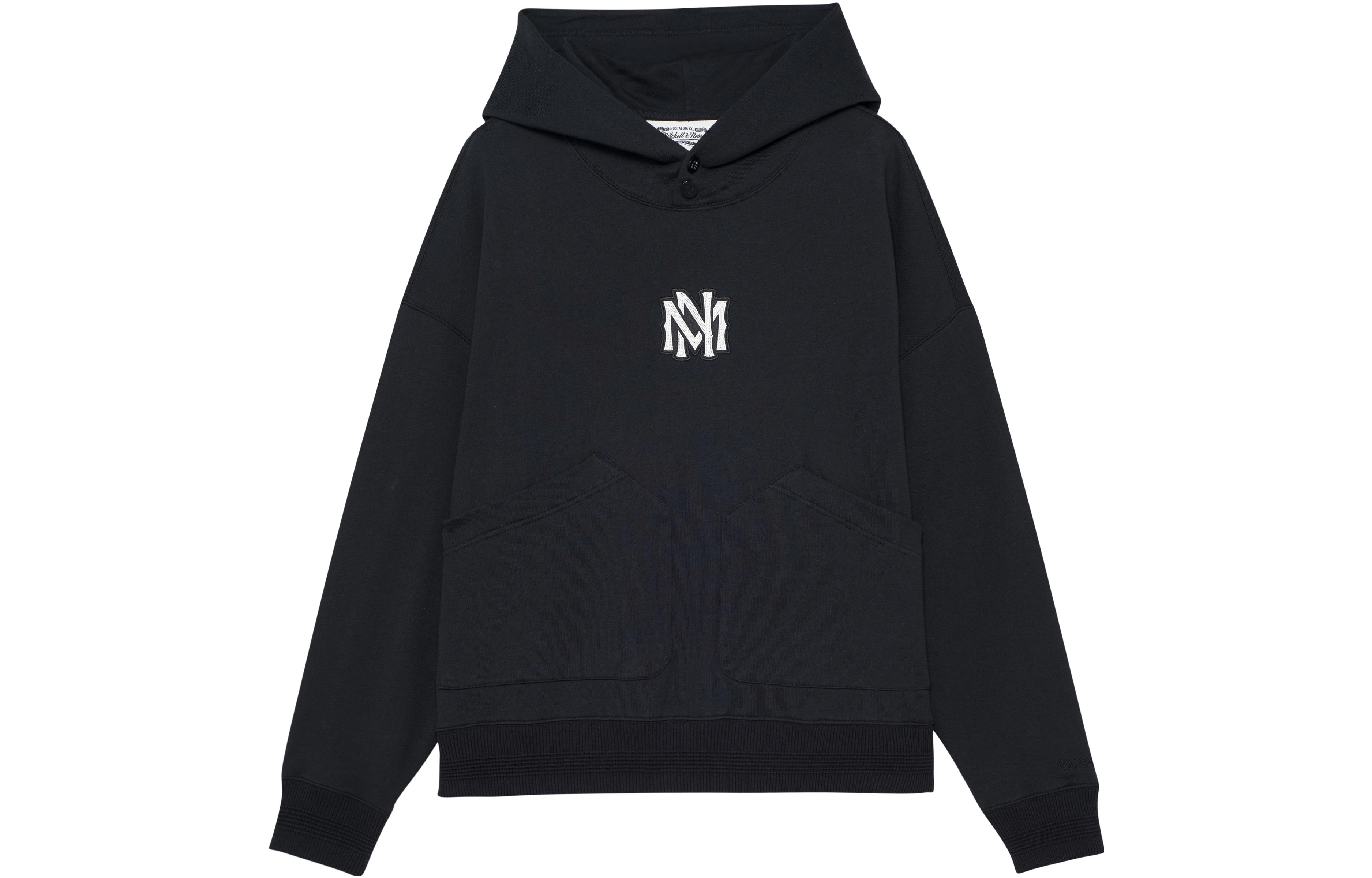 Order Mitchell Ness 黑色男女款加厚連帽衫 實心字母印花設計 MNRQAWTOHC070-BLK