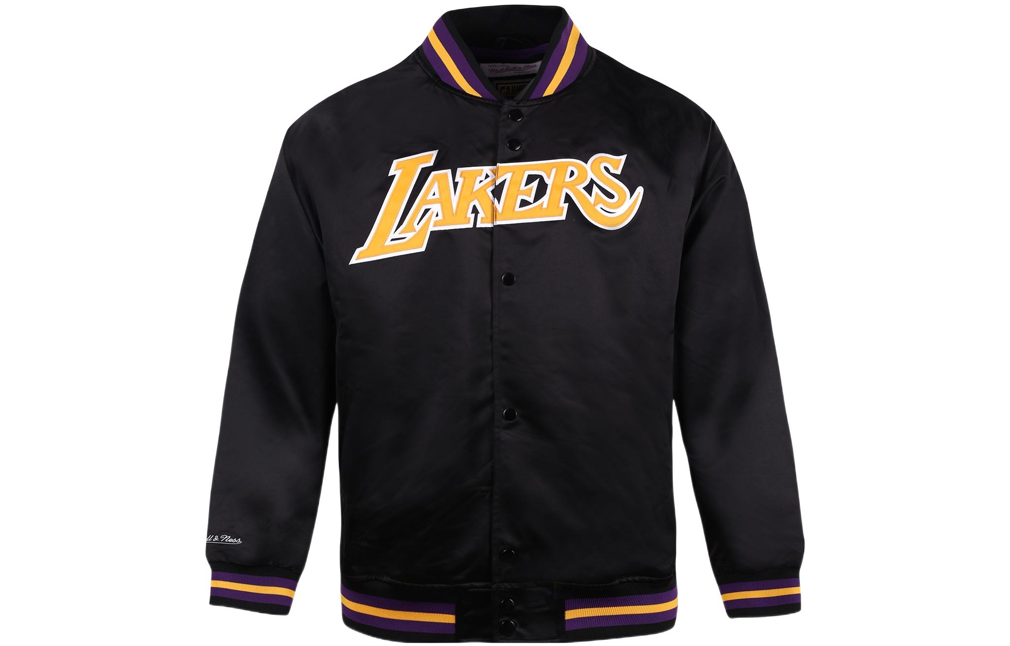 Order Mitchell Ness 洛杉磯湖人復古緞面黑色冬季外套夾克 STJKMG18013-LALBLCK1