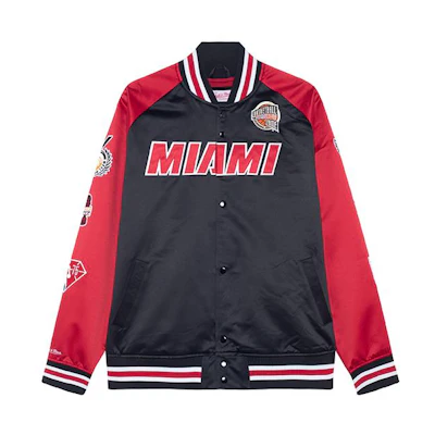 Mitchell Ness Miami Heat Hall of Fame Satin Varsity Jacket Red Unisex Retro Style OJBF6860-MHEYYDWABKRD