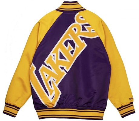Mitchell Ness Mitchell & Ness Big Face 2.0 Los Angeles Lakers Embroidered Baseball Jacket Purple. STJKBW19149-LALPURP Order Mitchell Ness Mitchell & Ness Big Face 2.0 Los Angeles Lakers Embroidered Baseball Jacket Purple. STJKBW19149-LALPURP