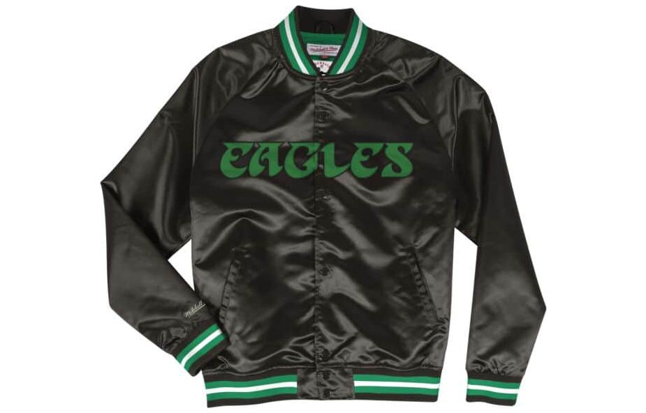 Mitchell Ness Mitchell & Ness Black Loose-Fit V-Neck Logo Print Button-Up Jacket STJKMG18-013PEABLCK1