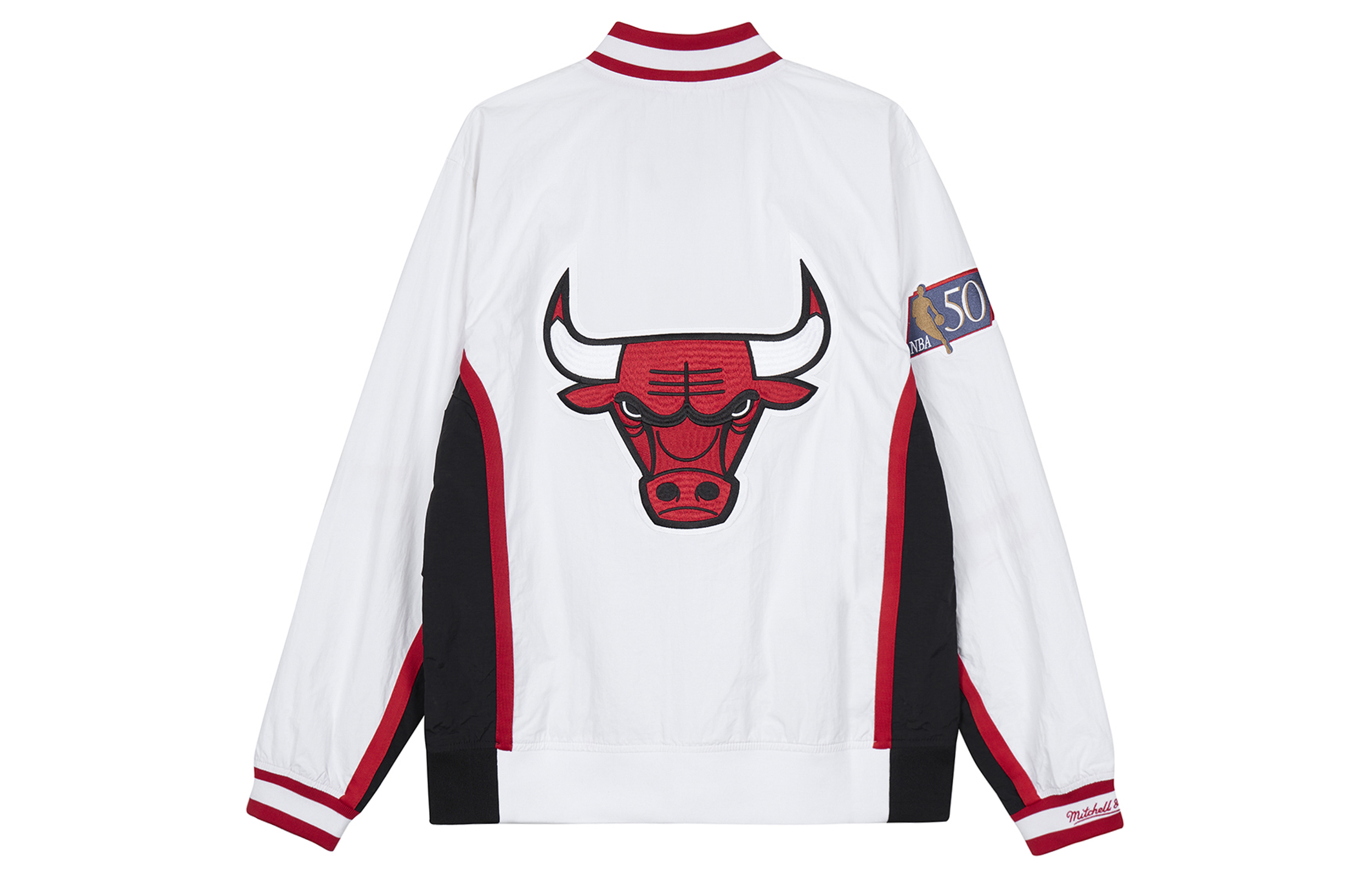 Lookbook ミッチェル＆ネス シカゴ・ブルズ 50周年 レトロジャケット ホワイト/ブラック ユニセックス AWJKCP19042-CBUWHBK96