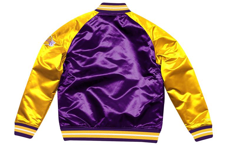 Lookbook ミッチェル＆ネス FW21 NBA レイカーズ サテン カラーブロック レトロジャケット 紫 黄 STJKAJ19010-LALPURP