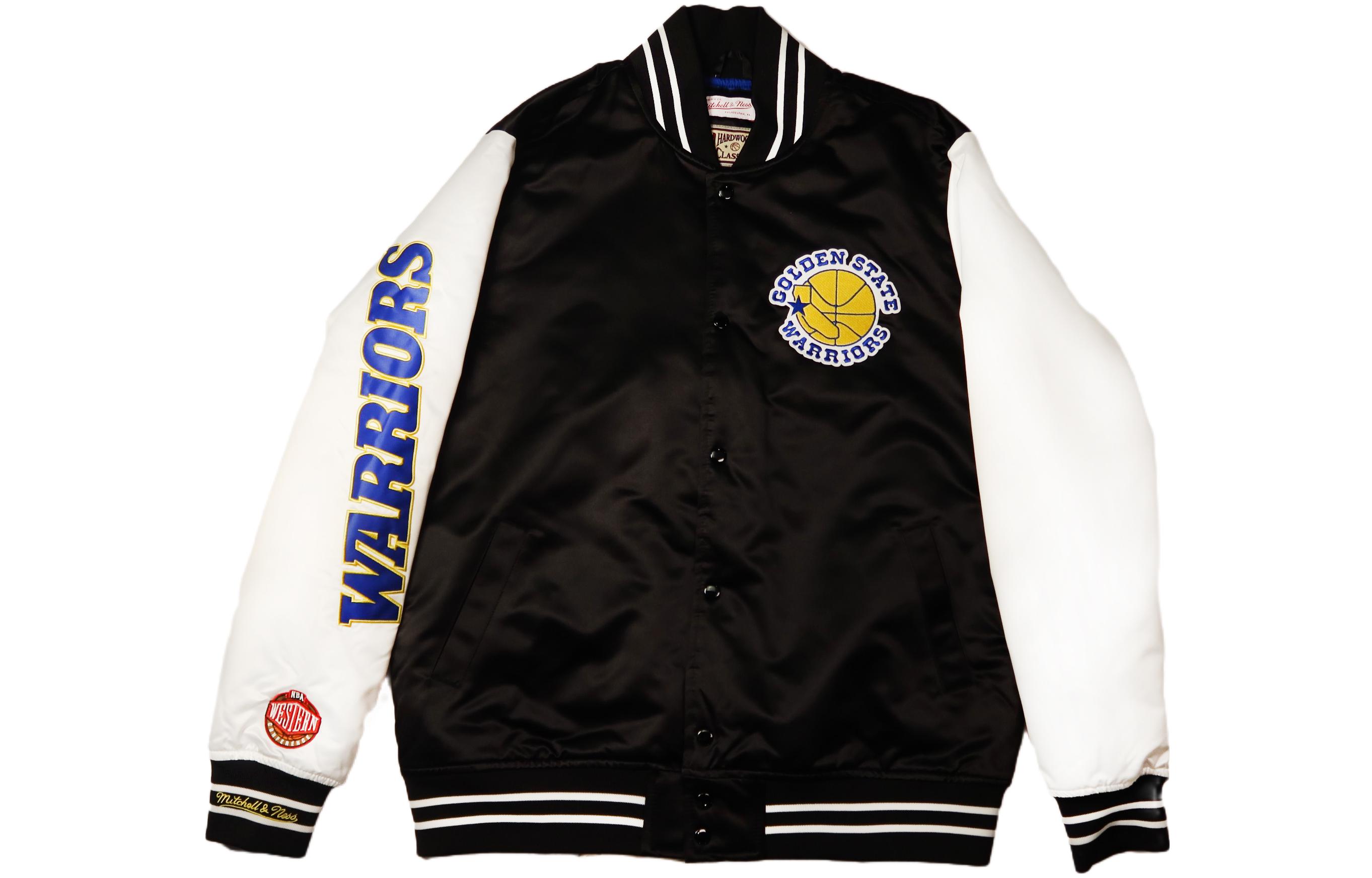 Mitchell Ness Mitchell & Ness Golden State Warriors Black White Satin Logo Varsity Jacket Unisex. OJBF4854-GSWYYPPPBKWH