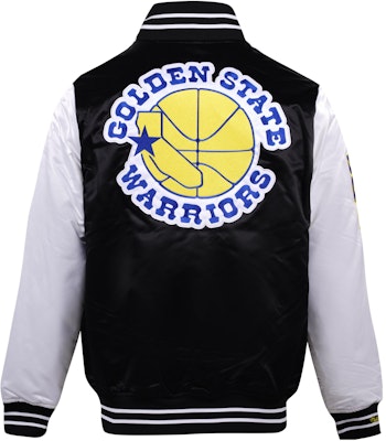 Mitchell Ness Mitchell & Ness Golden State Warriors Black White Satin Logo Varsity Jacket Unisex. OJBF4854-GSWYYPPPBKWH Lookbook Mitchell Ness Mitchell & Ness Golden State Warriors Black White Satin Logo Varsity Jacket Unisex. OJBF4854-GSWYYPPPBKWH