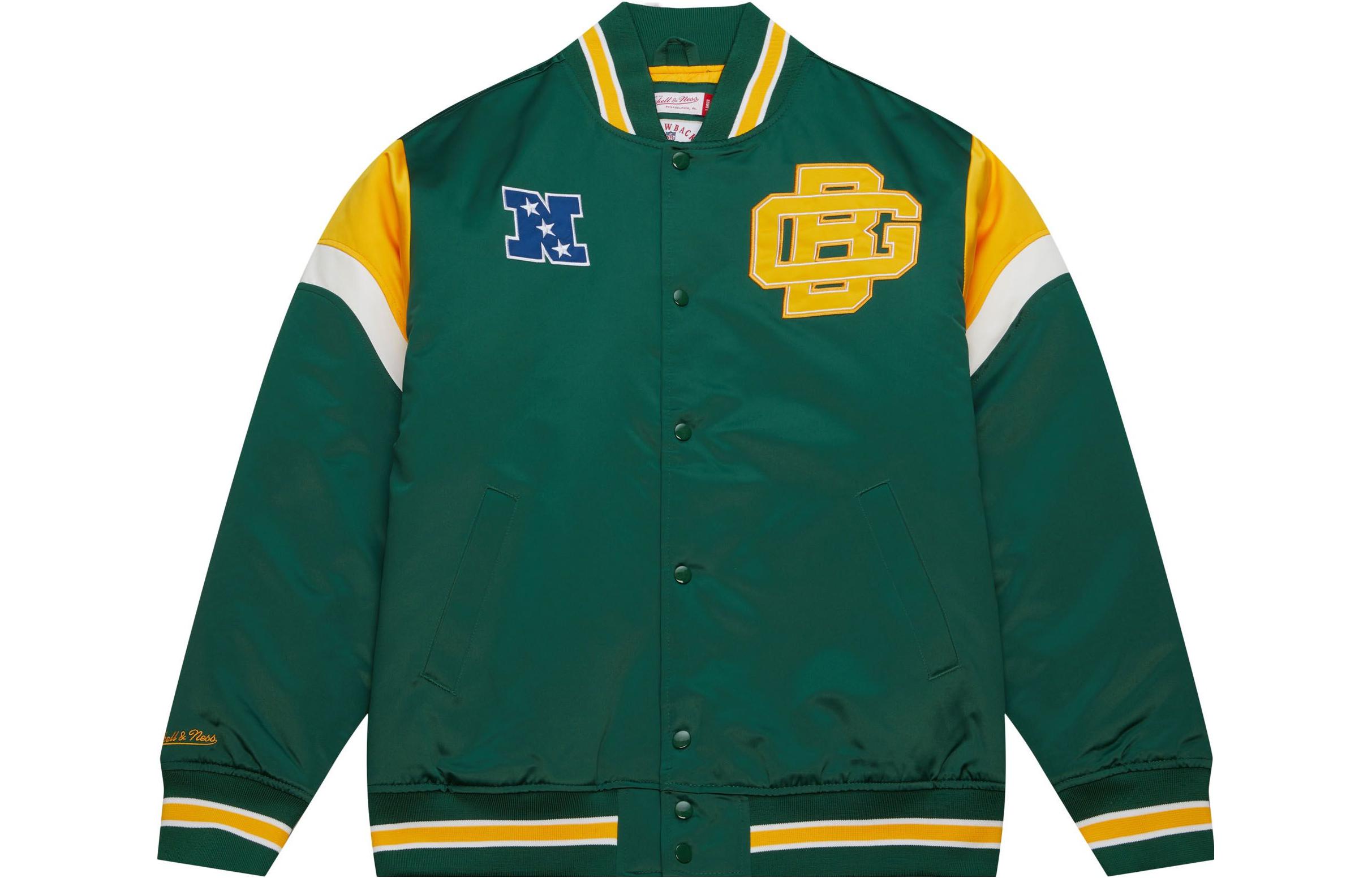 Mitchell Ness Mitchell & Ness Green Black Letterman Print High Collar Long Sleeve Jacket OJZP5517-VGRYYPPPMTWH