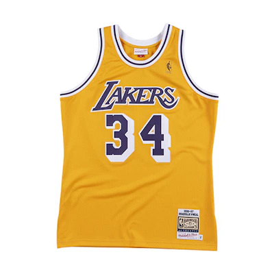 Mitchell Ness Mitchell & Ness Lakers 96-97 Shaquille O'Neal #34 Vintage Yellow Basketball Jersey. AJY4AC18066-LALLTGD96SON