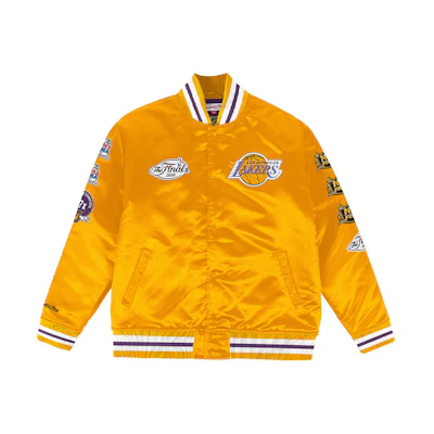 Mitchell Ness Mitchell & Ness Lakers Embroidered Retro Satin Jacket Unisex Gold Winter Bomber. OJBF3232-LALYYPPPGOLD